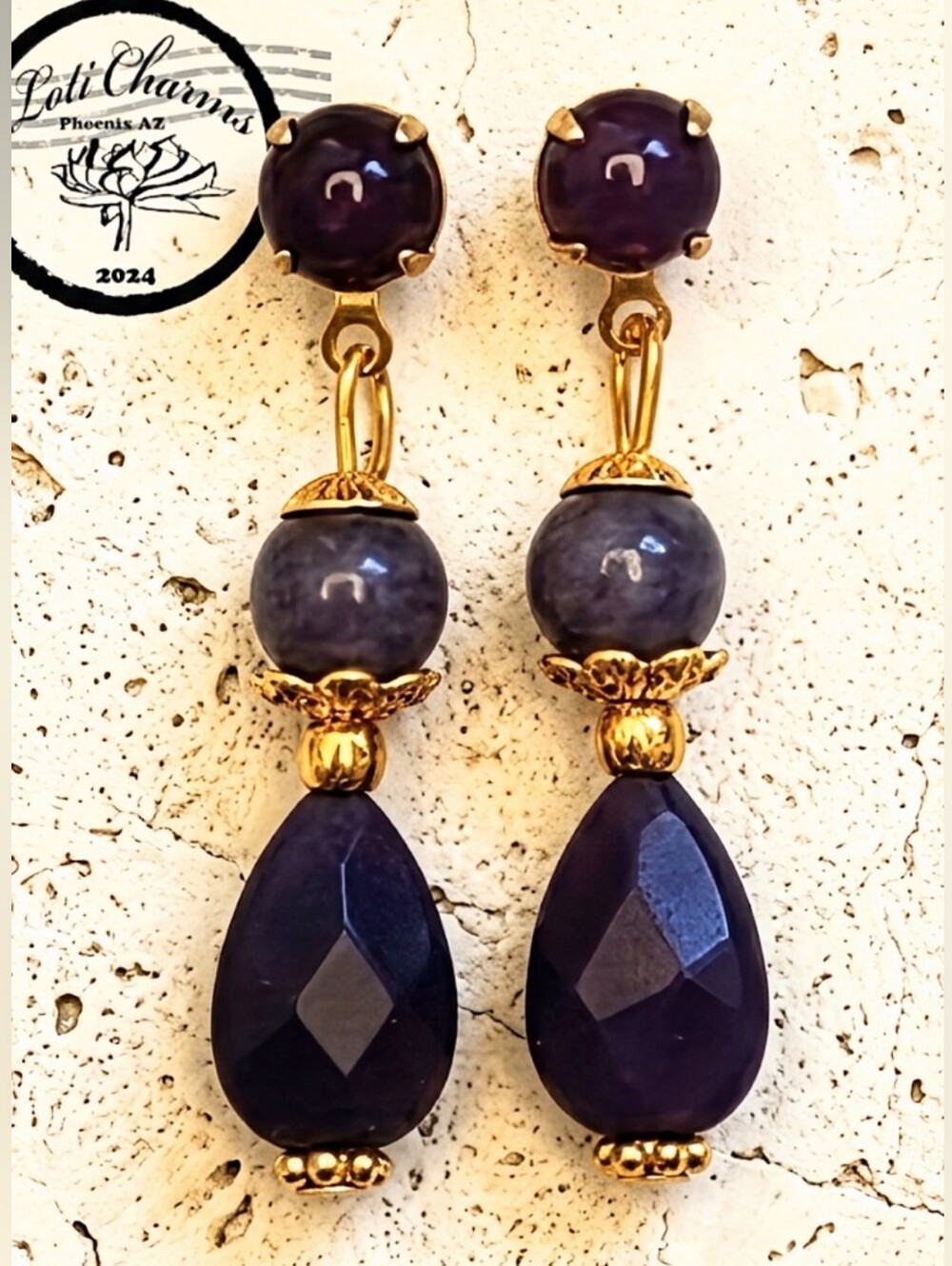 Genuine Deep Purple Jade Stones In Three Tiered Dainty Gold Plated Earrings